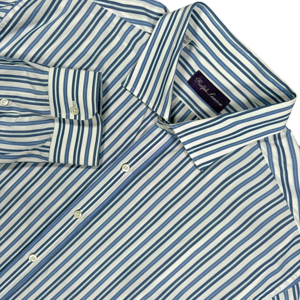 Ralph Lauren Purple Label Dress Shirt Mens 17.5 XXL Blue White Striped Italy